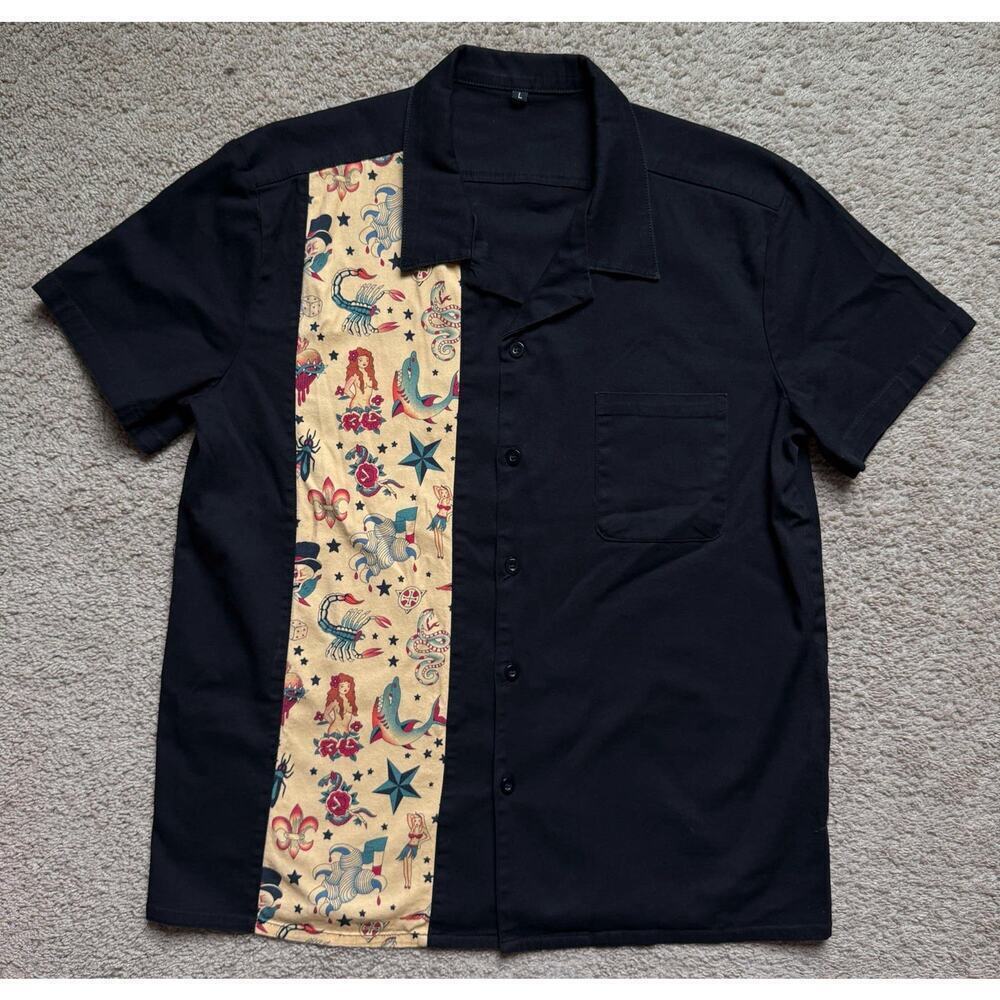 Rockabilly 50s Cotton Blend Mermaid Tattoo Camp Shirt Short Sleeve Men’s Large